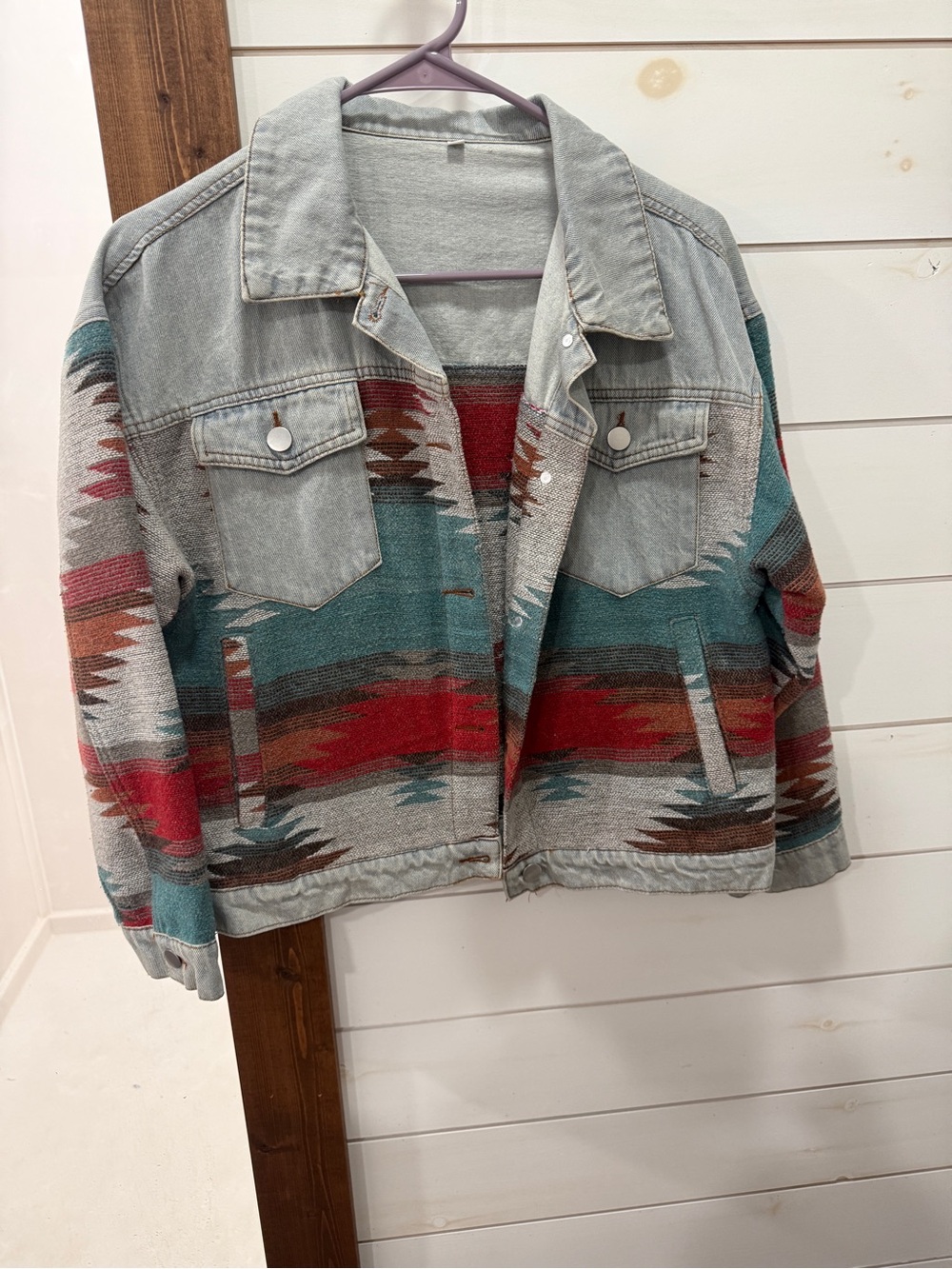 Aztec Pattern Light Wash Denim Jacket - Multi-Color